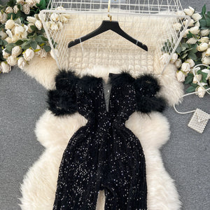Sexy Black Sequinned Off The Shoulder Jumpsuit