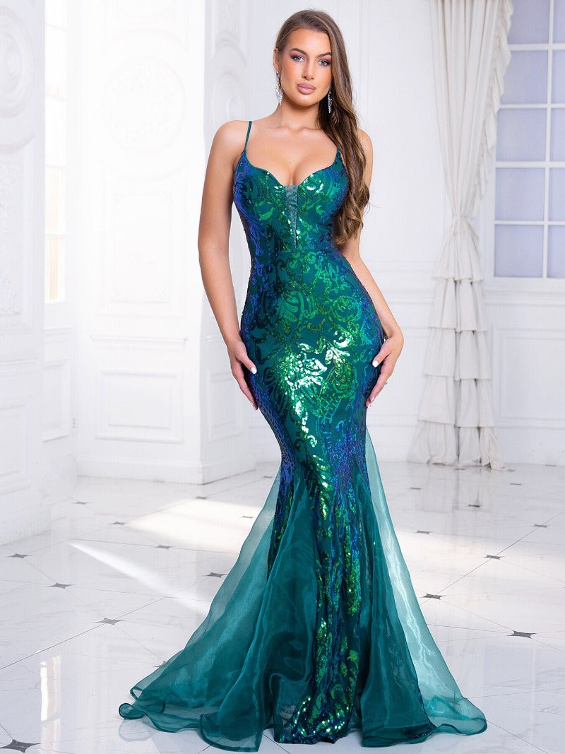 V Neck Sleeveless Green Cocktail Spaghetti Strap Sequin Evening Gown