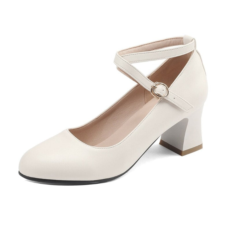 Round Toe Cross Ankle Strap Thick Heel Mary Janes