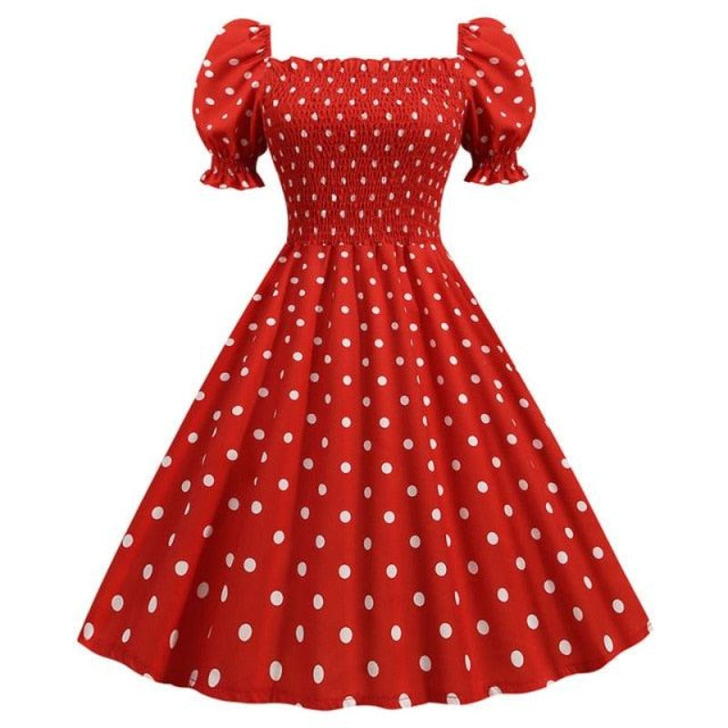 Polka Dot Elegant Puff Sleeve Elastic Waist Vintage Dress - http://chicboutique.com.au