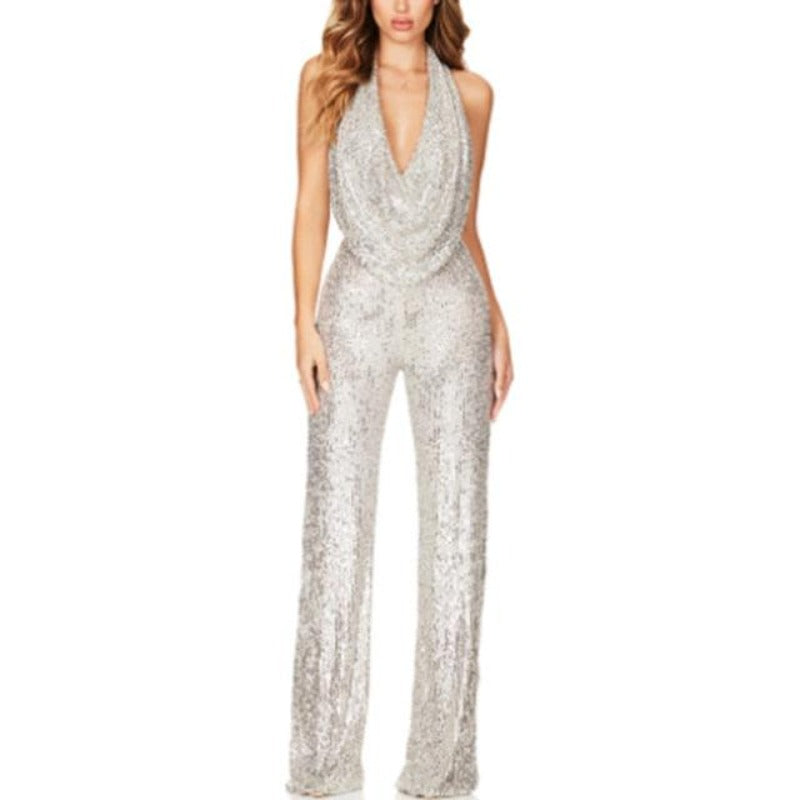 Sequinned Swing Collar Sleeveless Jumpsuit - http://chicboutique.com.au