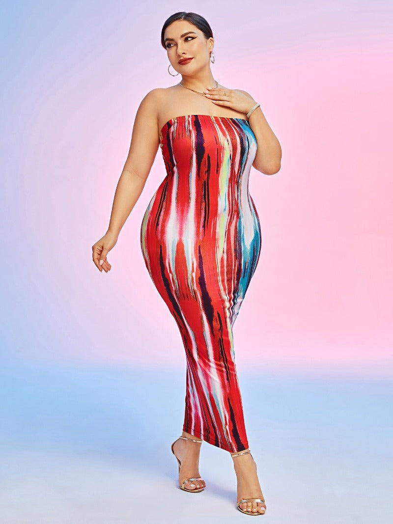 Multicolor Print Strapless Plus Size Maxi Dress