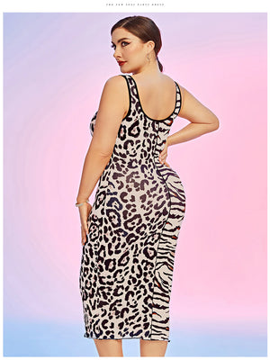 Leopard Print Plus Size Sleeveless Cocktail Dress