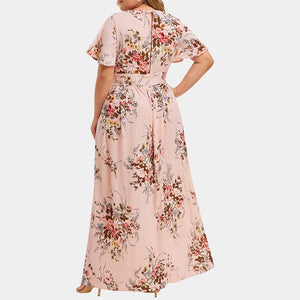 Plus Size Boho Flower Print Short Sleeve Ruffle Dress