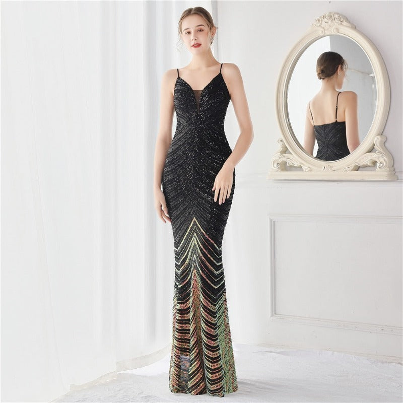 V Neck Sequin Long Evening Dress