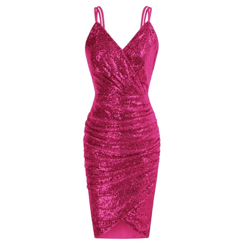 Sequin Ruched Cocktail Spaghetti Straps V-Neck Dress