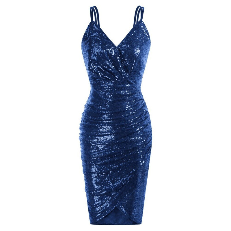 Sequin Ruched Cocktail Spaghetti Straps V-Neck Dress