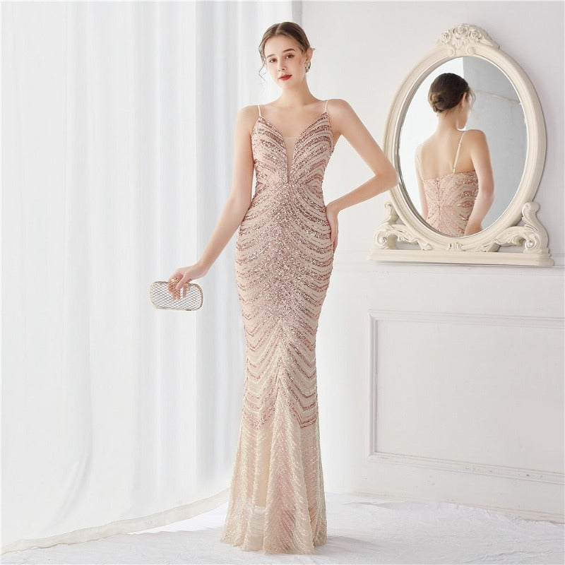 V Neck Sequin Long Evening Dress