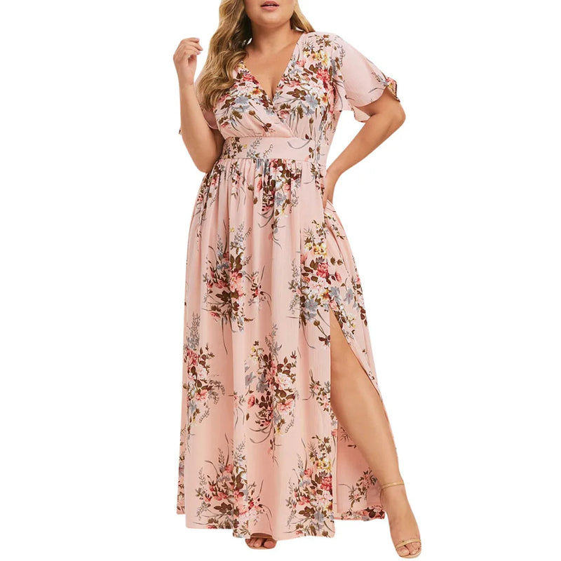 Plus Size Boho Flower Print Short Sleeve Ruffle Dress