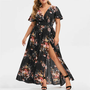 Plus Size Boho Flower Print Short Sleeve Ruffle Dress