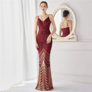 V Neck Sequin Long Evening Dress