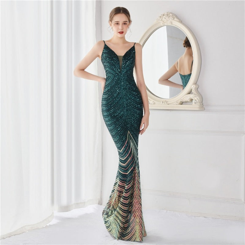 V Neck Sequin Long Evening Dress