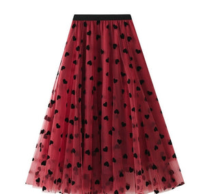 High Waisted Flocking Hearts Elastic Waist A Line Maxi Skirt