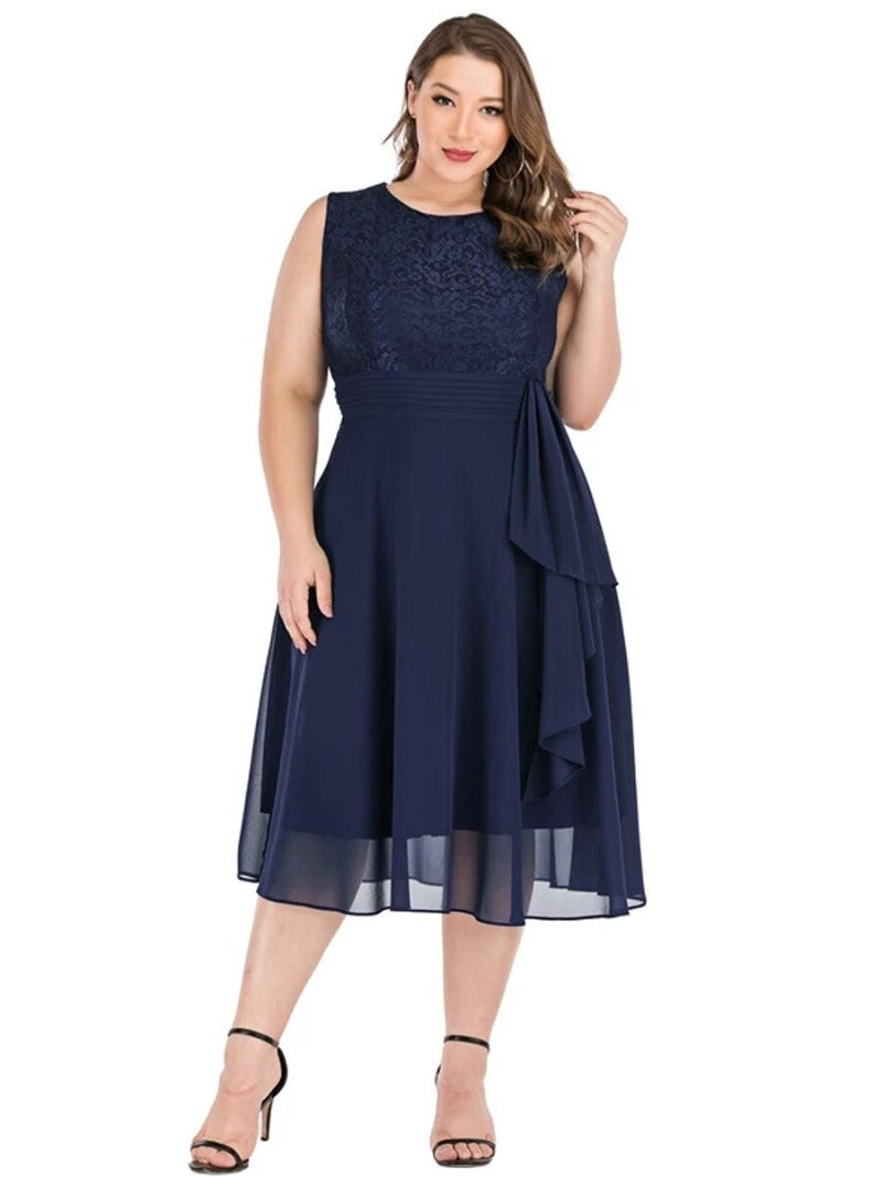 4XL Plus Size Party Dress Woman 2021 Fashion Female O Neck Sleeveless Lace Patchwork Chiffon Dress Evening Club Dresses - http://chicboutique.com.au