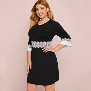 Plus Size 3/4 Sleeve Lace Panel Sheath Dress