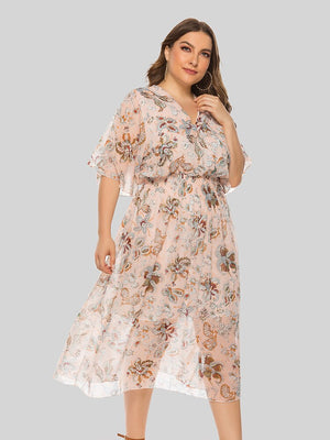 Plus Size Floral Print Short Sleeve V Neck Fashion Dress