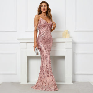 Sequin Sleeveless V-neck Maxi Evening Dress