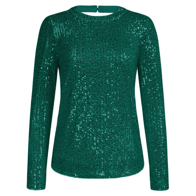 Sequinned Long Sleeve Crew Neck Pullover Blouse