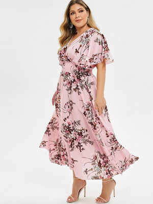 Plus Size Floral Print High Waisted Flutter Sleeve Dress