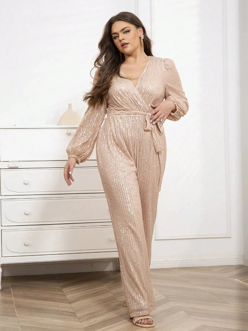 Plus Size Sequinned Long Sleeve V-neck Jumpsuit