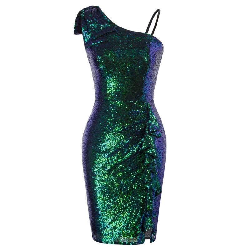 Sequinned Ruffle Decorated Front Slit One Shoulder Cocktail Dress