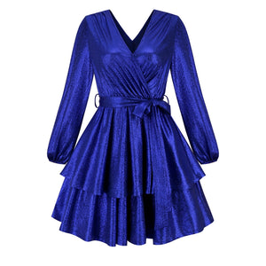 Womens Shiny Metallic  Party Dresses Wrapped V Neck Long Sleeve Tiered Hem Mini Dress for Banquet Evening Prom Gown - http://chicboutique.com.au