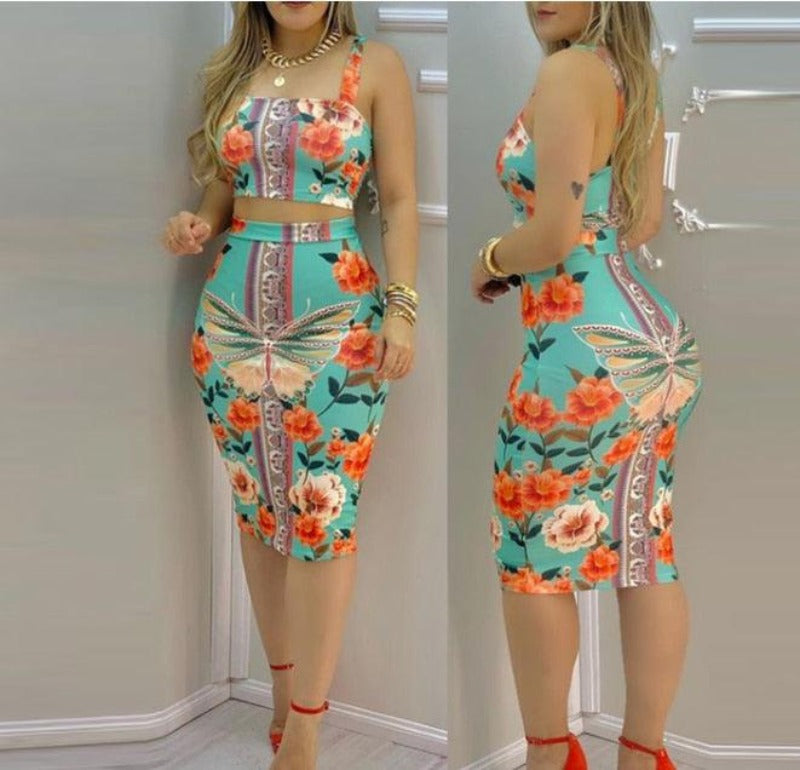 Floral Print Crop Top + High Waist Skirt 2 Piece Set - http://chicboutique.com.au