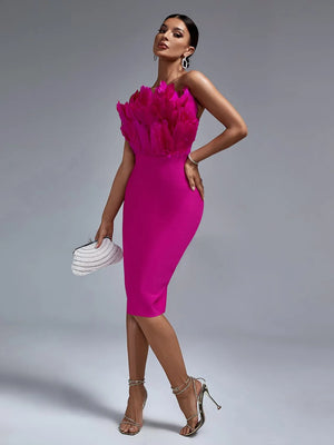 Pink Feather Strapless Evening Dress