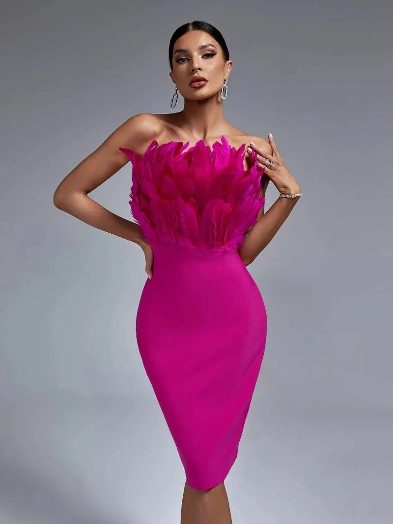 Pink Feather Strapless Evening Dress