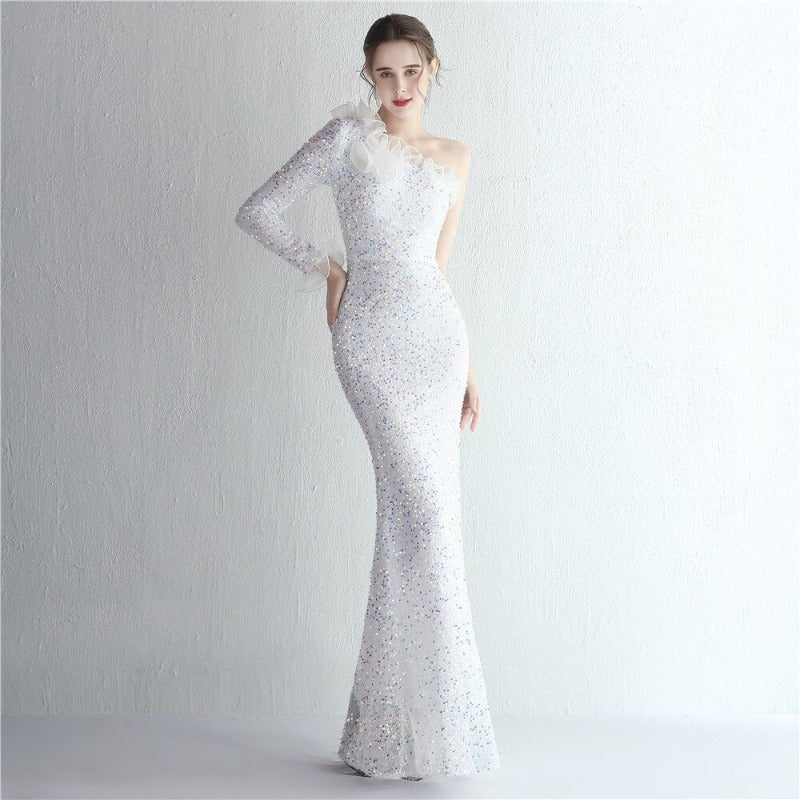 One Shoulder Long Sleeve Sequin Evening Dress