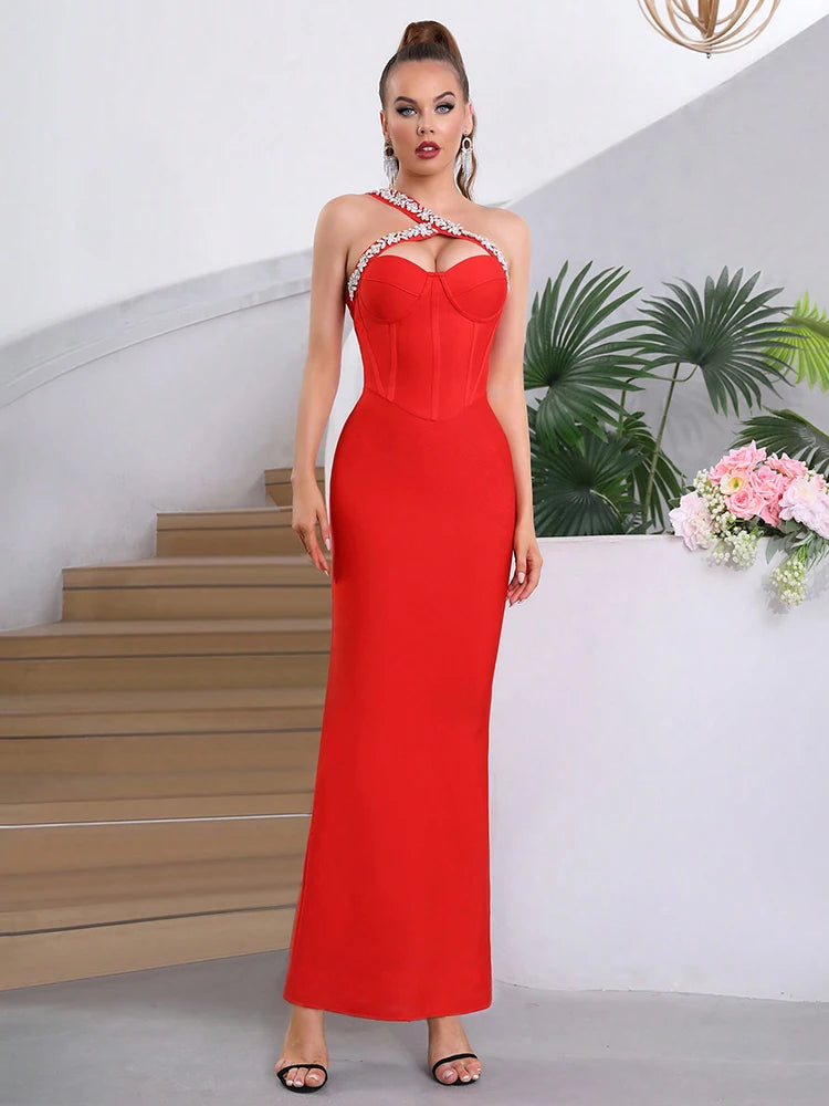 Sexy One shoulder Luxury Crystal Sleeveless Maxi Dress