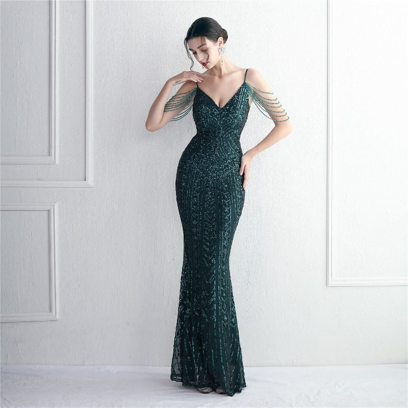 Sequin Sleeveless V-neck Maxi Evening Dress