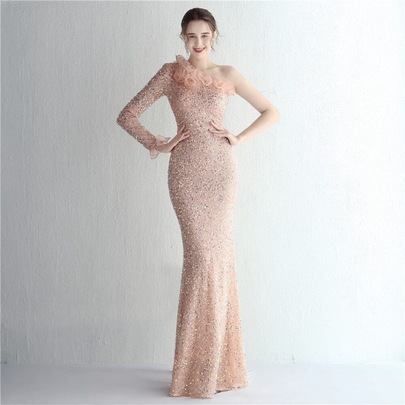 One Shoulder Long Sleeve Sequin Evening Dress