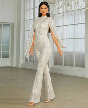 Cape Sleeve Sequin Formal Jumpsuit