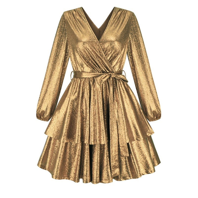 Womens Shiny Metallic  Party Dresses Wrapped V Neck Long Sleeve Tiered Hem Mini Dress for Banquet Evening Prom Gown - http://chicboutique.com.au