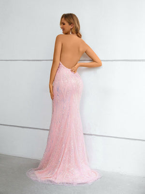 Luxury Pink Halter Neck Evening Dress