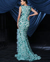 Blue V Neck Floral Sequin Floor Length Evening Dress