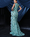 Blue V Neck Floral Sequin Floor Length Evening Dress