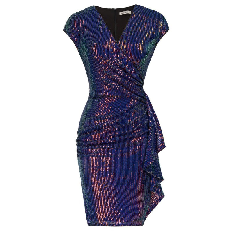 Sequinned Short Sleeve V-Neck Ruched Body-con Midi Dress