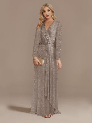 Luxury Long Sleeve V-Neck Sequinned Evening Dress