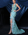 Blue V Neck Floral Sequin Floor Length Evening Dress