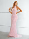 Luxury Pink Halter Neck Evening Dress