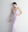 V Neck Sequin with Feathers Long Evening Dress