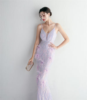 V Neck Sequin with Feathers Long Evening Dress