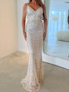 Silver Sequin Maxi V Neck Evening Dress