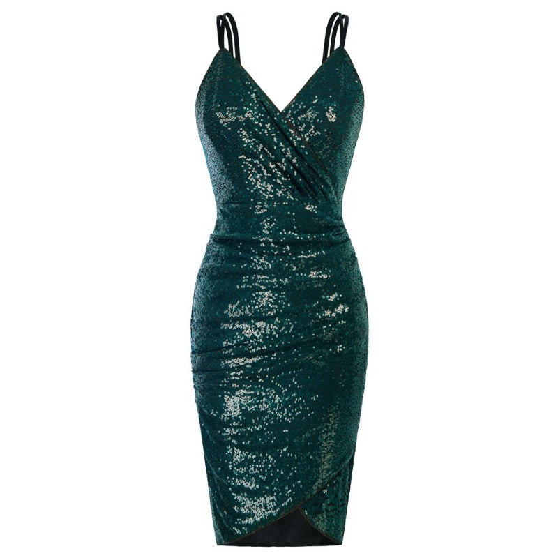 Sequin Ruched Cocktail Spaghetti Straps V-Neck Dress