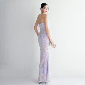 V Neck Sequin with Feathers Long Evening Dress