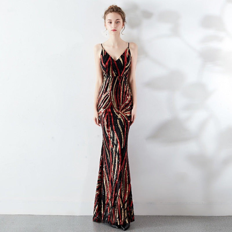 V Neck Sequin Maxi Evening Dress - http://chicboutique.com.au