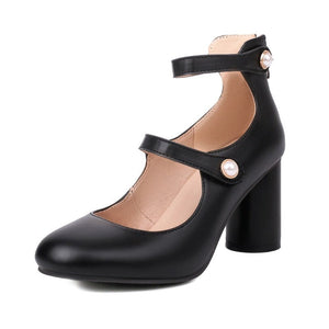 Mary Jane Round Heel Ankle Strap Pumps