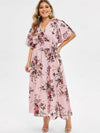 Plus Size Floral Print High Waisted Flutter Sleeve Dress